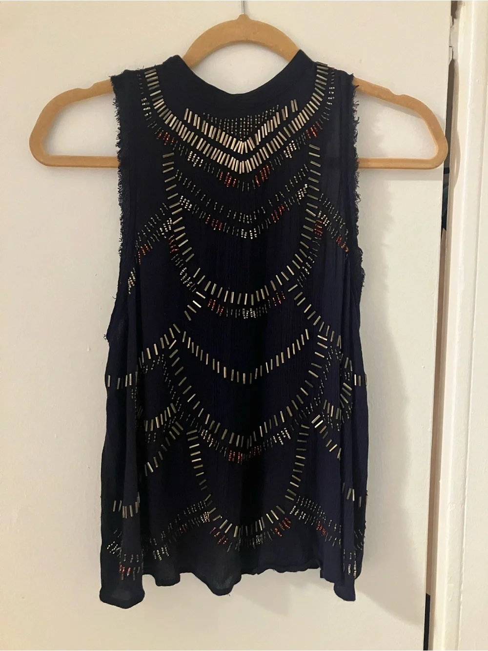 Free People Ferris Wheel Dark Blue Beaded Open Back Sleeveless Top Shirt Sz XS.